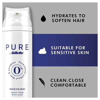 Gillette Pure Shave Foam 245g – Aloe Infused, Paraben & Dye-Free for Sensitive Skin