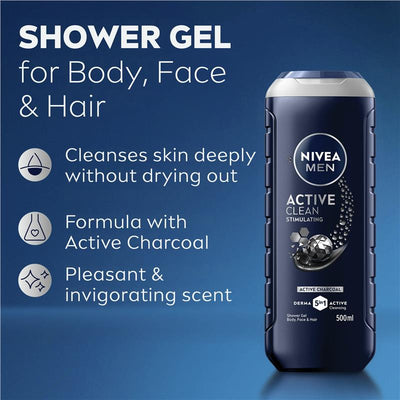 NIVEA MEN Active Clean 3-in-1 Shower Gel with Active Charcoal, 500ml