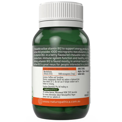 Naturopathica Vegan Active B12, 60 Strawberry Chewable Tablets, Co-Methylcobalamin
