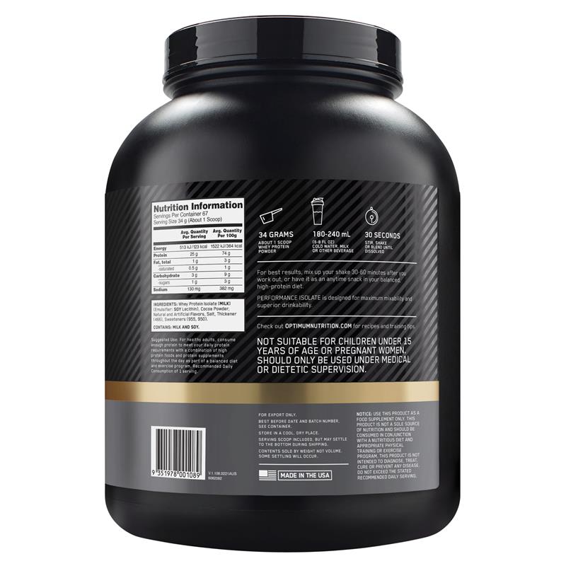 Optimum Nutrition Performance Isolate Chocolate Milkshake 2.28kg - Pure Whey Protein