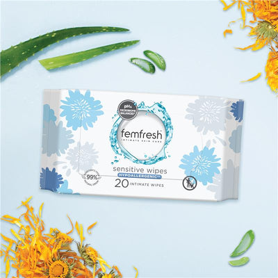 femfresh Sensitive Intimate Wipes Packs of 20, Biodegradable & Fragrance-Free