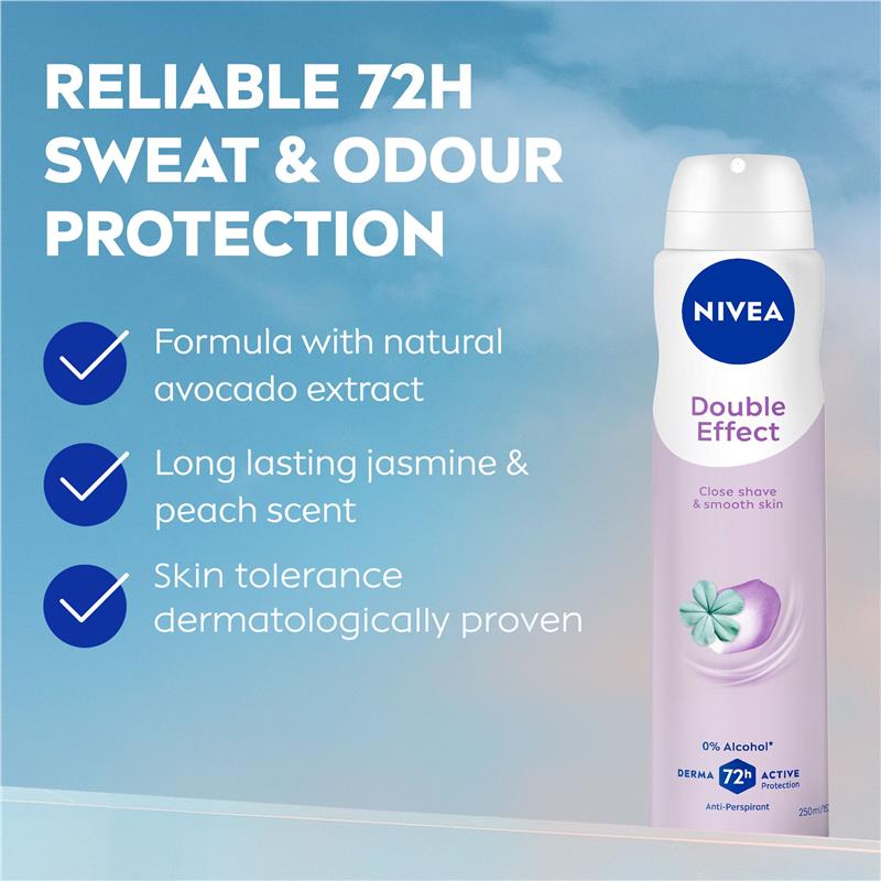 NIVEA Double Effect Avocado Deodorant Aerosol, 72H Protection, 250ml
