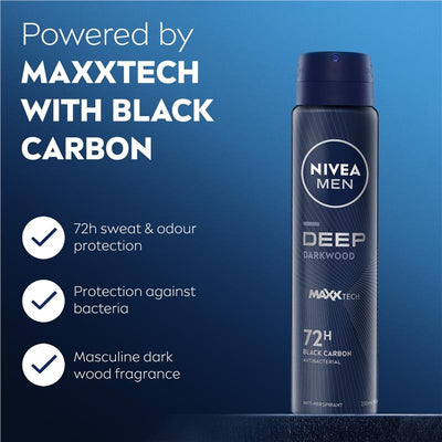 NIVEA MEN Deep Darkwood Aerosol Deodorant, 72H Protection, 250ml