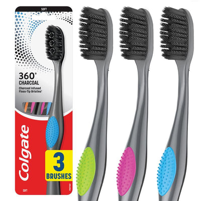 Colgate 360 Charcoal Anti-Bacterial Toothbrush 3 Pack - Whole Mouth Clean