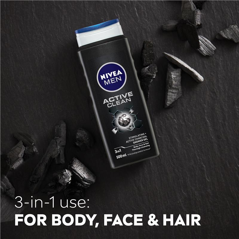 NIVEA MEN Active Clean 3-in-1 Shower Gel with Active Charcoal, 500ml