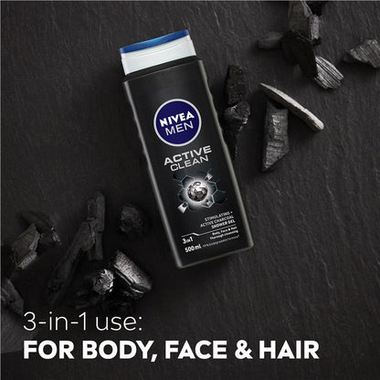 NIVEA MEN Active Clean 3-in-1 Shower Gel with Active Charcoal, 500ml