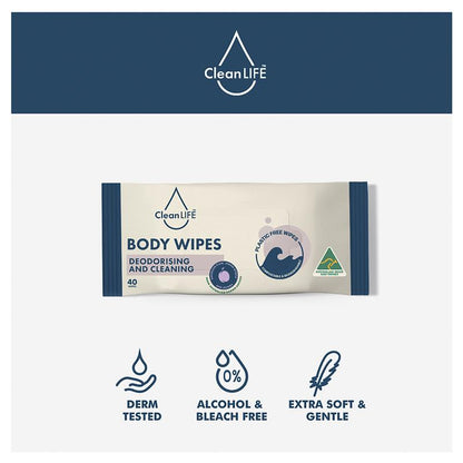 CleanLIFE Deodorizing Body Wipes, 40 Pack - Biodegradable & Plastic-Free