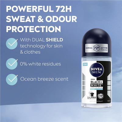 NIVEA Men Black & White Anti-Stain Roll-On Deodorant 72H, 50ml