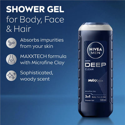 NIVEA Men Deep Clean Shower Gel 500ml – Natural Clay & Biodegradable