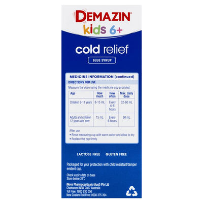 Demazin Kids 6+ Cold Relief Blue Syrup - 200ml