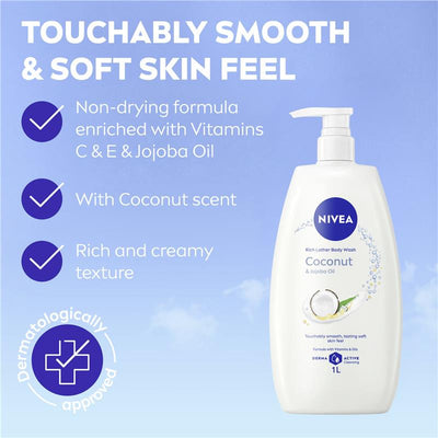 NIVEA Coconut & Jojoba Oil Body Wash 1L – Moisturizing & pH Balanced