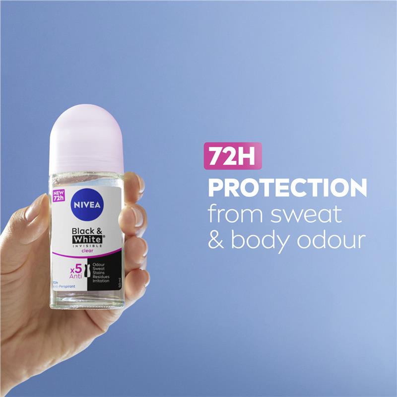 NIVEA Black & White Invisible Anti-Stain Roll-On Deodorant 72H, 50ml