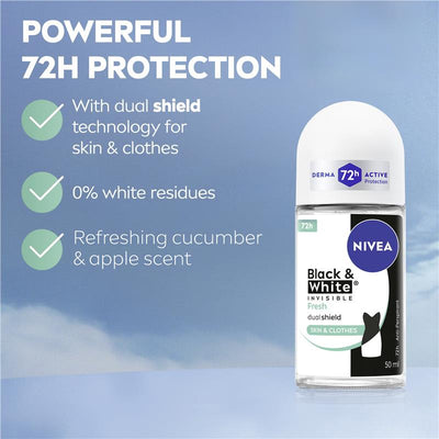NIVEA Black & White Anti-Stain Roll-On Deodorant 72H Protection 50ml