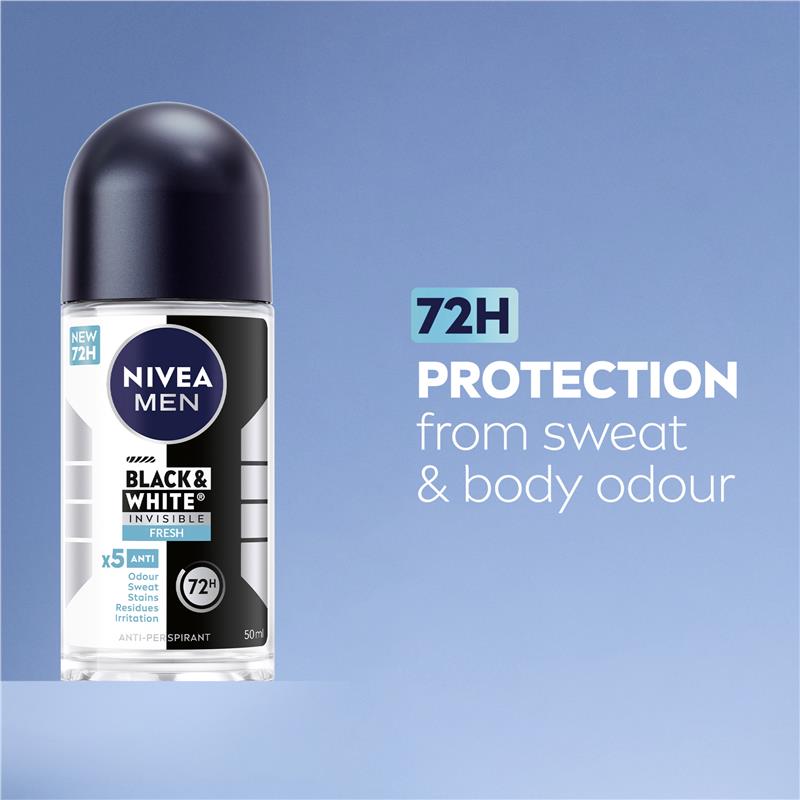 NIVEA Men Black & White Anti-Stain Roll-On Deodorant 72H, 50ml
