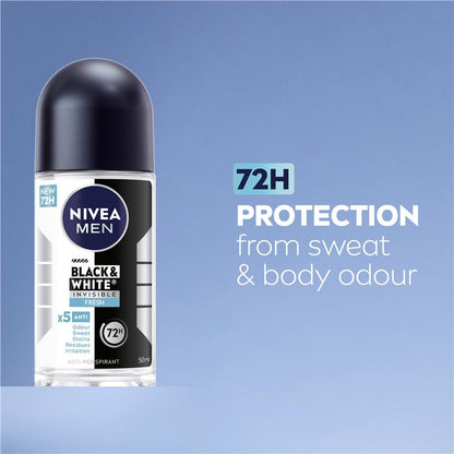 NIVEA Men Black & White Anti-Stain Roll-On Deodorant 72H, 50ml
