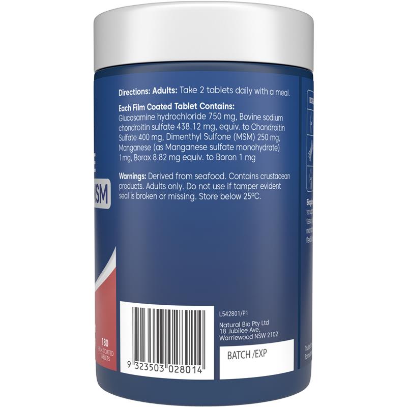 Bioglan Glucosamine Chondroitin + MSM - 180 Tablets for Joint Health