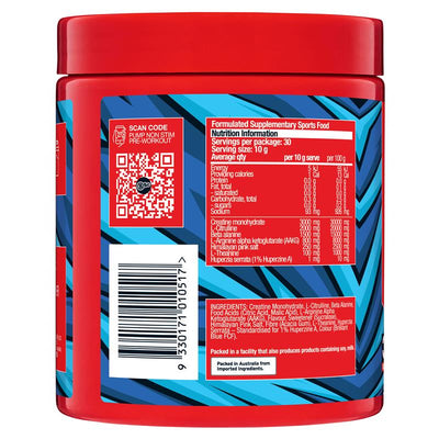 BSc Pump Non Stim Pre-Workout Blue Sour Straps 300g - Caffeine-Free Muscle Pump Formula