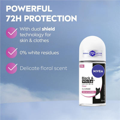 NIVEA Black & White Invisible Anti-Stain Roll-On Deodorant 72H, 50ml