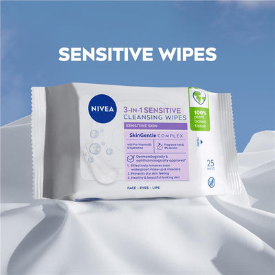 NIVEA 3in1 Sensitive Cleansing Wipes 25 Pack - Gentle Makeup Removal