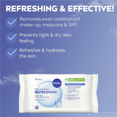 NIVEA 3in1 Refreshing Cleansing Wipes for Normal & Combination Skin - 25 Pack