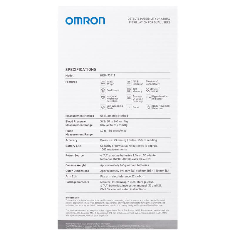 Omron HEM7361T Blood Pressure + AFIB Monitor Bluetooth - Home Health Monitoring