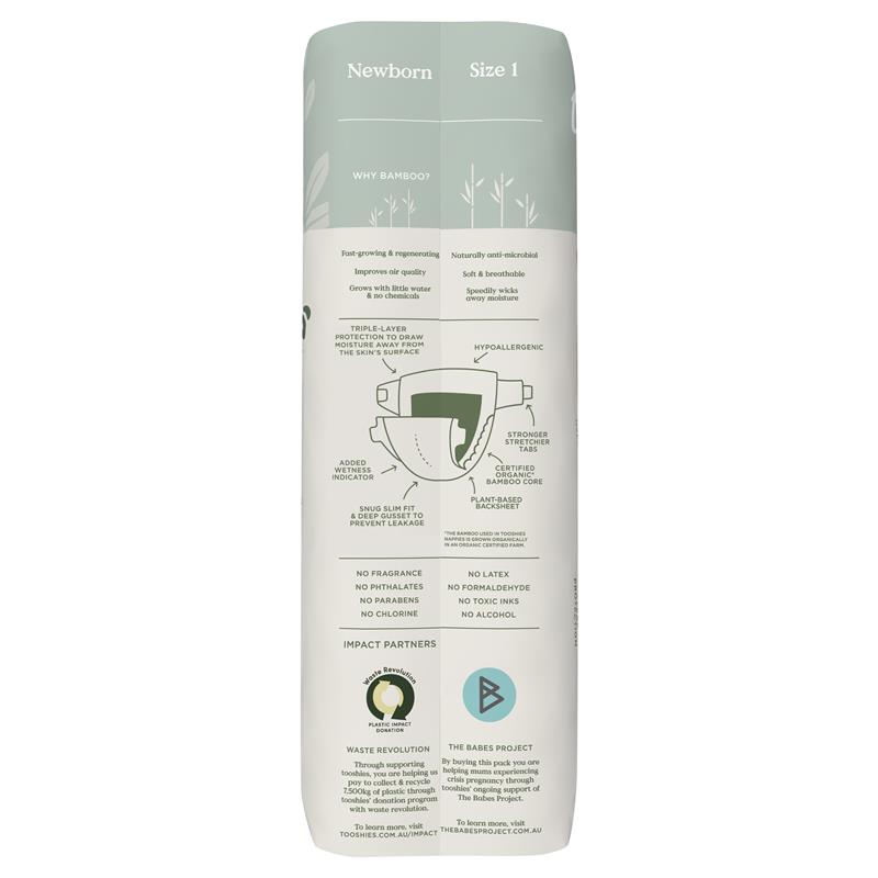 Tooshies Eco Nappies with Organic Bamboo Size 1 Newborn 3-5kg, 52 Pack - Soft & Hypoallergenic