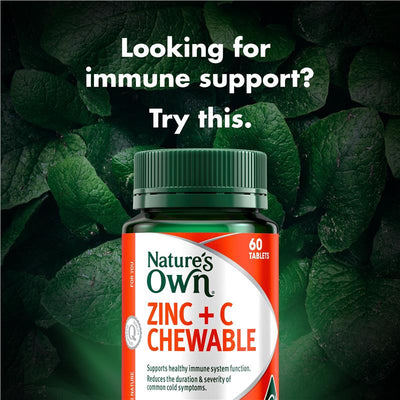Nature's Own Zinc + Vitamin C Chewables – 60 Tablets for Immune Support