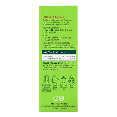 Brauer Kids Liquid Vitamin D 400IU 10ml - Essential for Bone Health