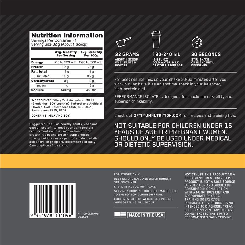 Optimum Nutrition Performance Isolate Vanilla Softserve 2.27kg - Premium Whey Protein