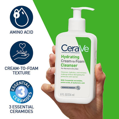 CeraVe Hydrating Cream To Foam Cleanser 236ml - Gentle Foaming Cleanser for Dry Skin