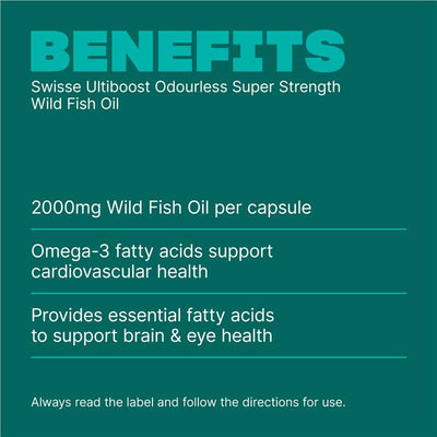 Swisse Ultiboost Odourless Super Strength Wild Fish Oil 2000mg - 200 Capsules for Heart & Brain Health