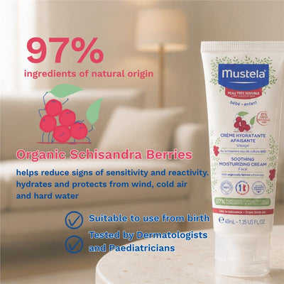 Mustela Soothing Moisturising Face Cream 40ml - Fragrance-Free for Sensitive Skin