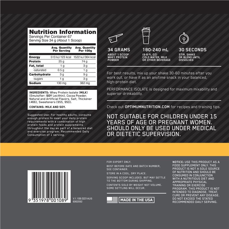 Optimum Nutrition Performance Isolate Chocolate Milkshake 2.28kg - Pure Whey Protein