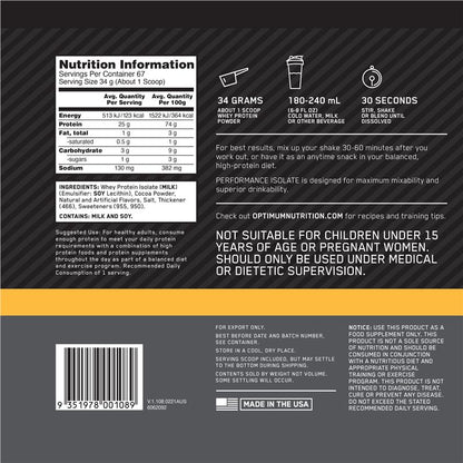 Optimum Nutrition Performance Isolate Chocolate Milkshake 2.28kg - Pure Whey Protein