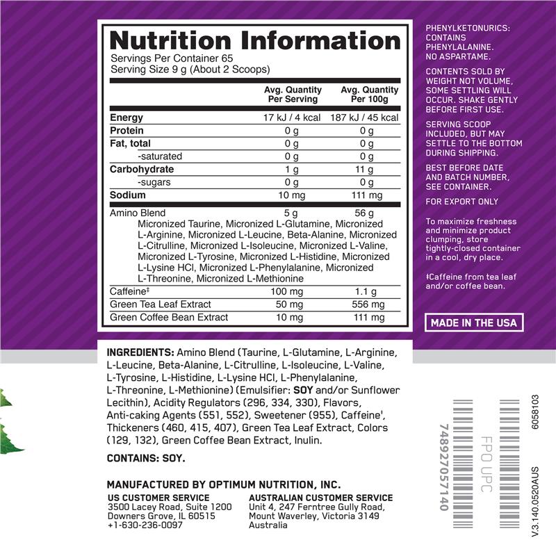 Optimum Nutrition Amino Energy Concord Grape 65 Serve 585g - Boost Energy & Muscle Recovery - Auzzi Store