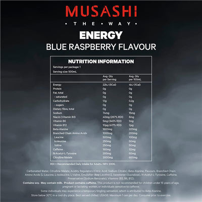Musashi Blue Raspberry Energy Drinks 500ml x 4 Pack - Refreshing Energy Boost