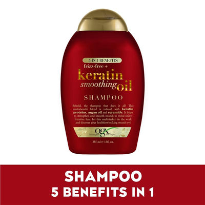 Ogx Frizz Free + Keratin Smoothing Oil Shampoo 385mL - 5 in 1 Benefits for Frizzy Hair