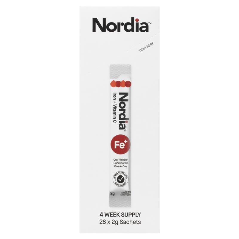 Nordia Iron + Vitamin C Powder - 28 Sachets, Sugar-Free, Supports Blood Health
