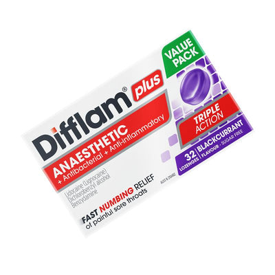 Difflam Plus Triple Action Blackcurrant 32 Lozenges - Fast Sore Throat Relief