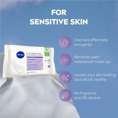NIVEA 3in1 Sensitive Cleansing Wipes 25 Pack - Gentle Makeup Removal