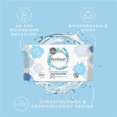 femfresh Sensitive Intimate Wipes Packs of 20, Biodegradable & Fragrance-Free