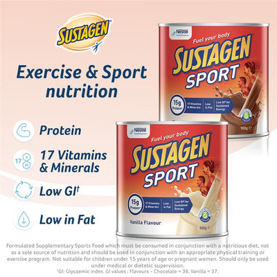 Sustagen Sport Chocolate Protein Powder 900g – 15g Protein, Low GI