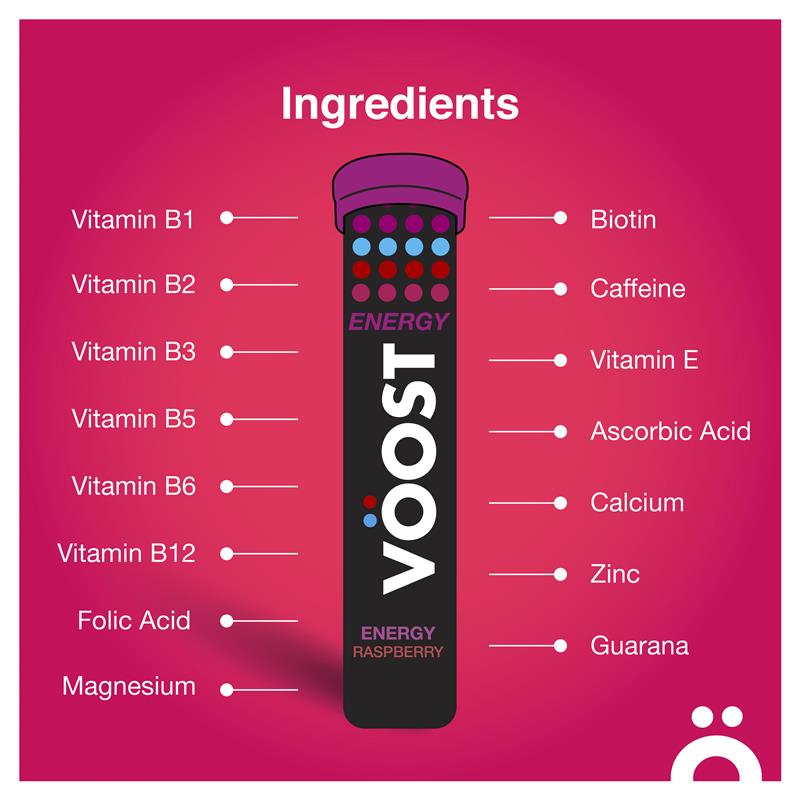 VÖOST Energy Raspberry Effervescent Vitamins with Guarana, 20 Tablets