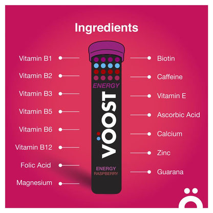 VÖOST Energy Raspberry Effervescent Vitamins with Guarana, 20 Tablets