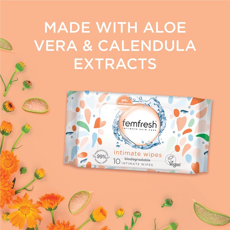 Femfresh Biodegradable pH Balanced Intimate Wipes - 10 Travel Pack