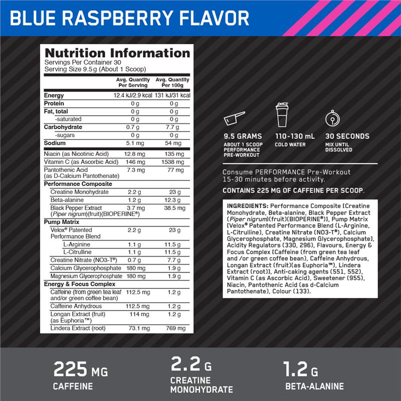Optimum Nutrition Performance Preworkout Blue Raspberry - 285g