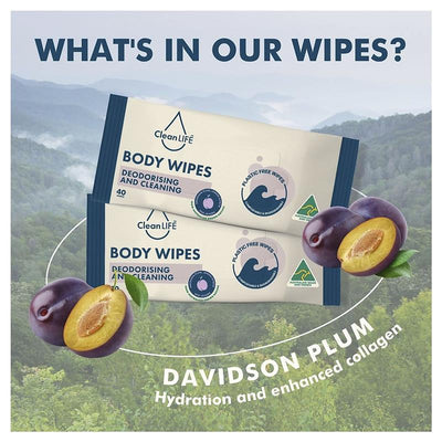 CleanLIFE Deodorizing Body Wipes, 40 Pack - Biodegradable & Plastic-Free