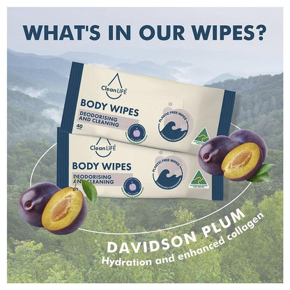 CleanLIFE Deodorizing Body Wipes, 40 Pack - Biodegradable & Plastic-Free