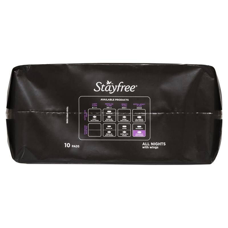 Stayfree All Night With Wings Sanitary Pads, 10-Pack, Leak Protection