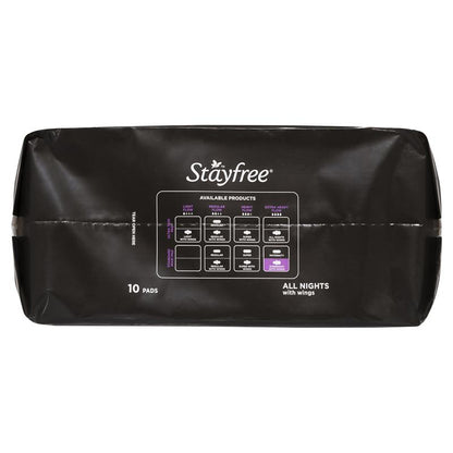Stayfree All Night With Wings Sanitary Pads, 10-Pack, Leak Protection